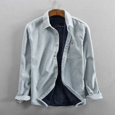 light blue Мужская осенняя и зимняя Модная брендовая полосатая свободная Флисовая теплая Толстая рубашка с длинным рукавом в японском стиле, мужская повседневная синяя розовая рубашка - Цвет: light blue