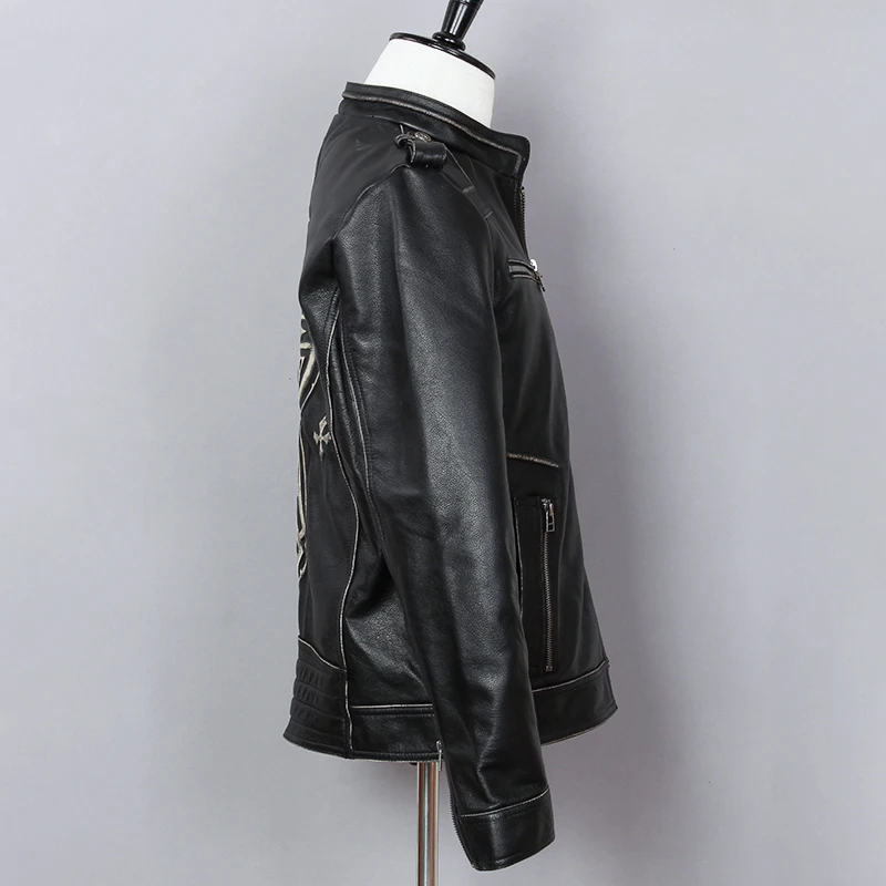 Мужская приталенная куртка из натуральной кожи черная мотоциклетная в стиле