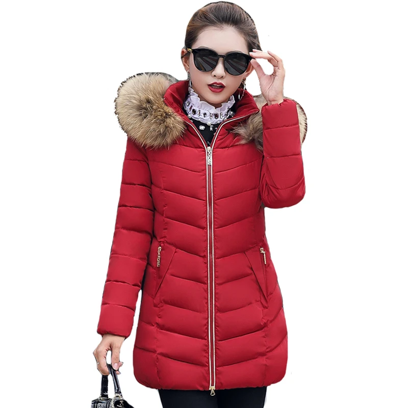 

Winter Warm Down Jackets Women Long Parka Hooded Coat Fake Raccoon Large Fur Collar Lady Cotton Padded Outerwear Plus Size 6XL