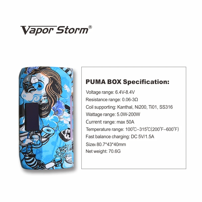 100% оригинальный набор электронных сигарет Vapor Storm Пума 200 Вт VW TCR Vapes подходит для