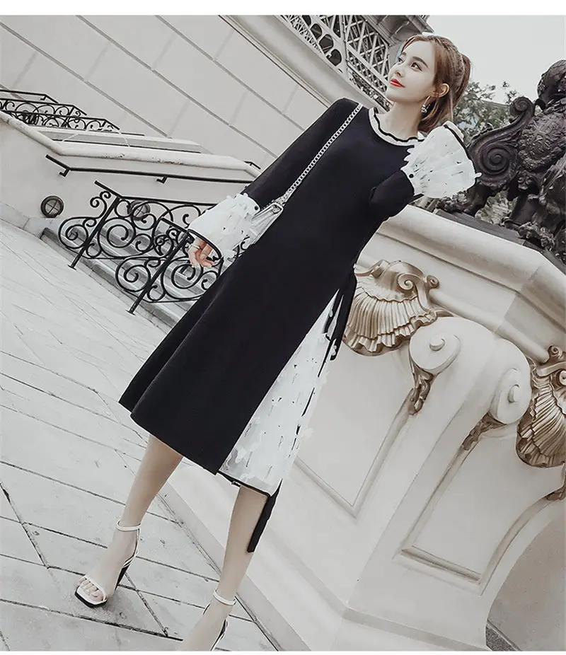 Женское Сетчатое платье LUOSHA осеннее с о вырезом и длинным рукавом фонариком