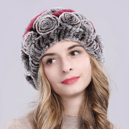 coffee and rose red Новые зимние шапки из меха кролика рекс женский Настоящий мех кролика Цветочные шапочки вязаная шапка ручной работы натуральная шапка из меха кролика рекс - Цвет: coffee and rose red