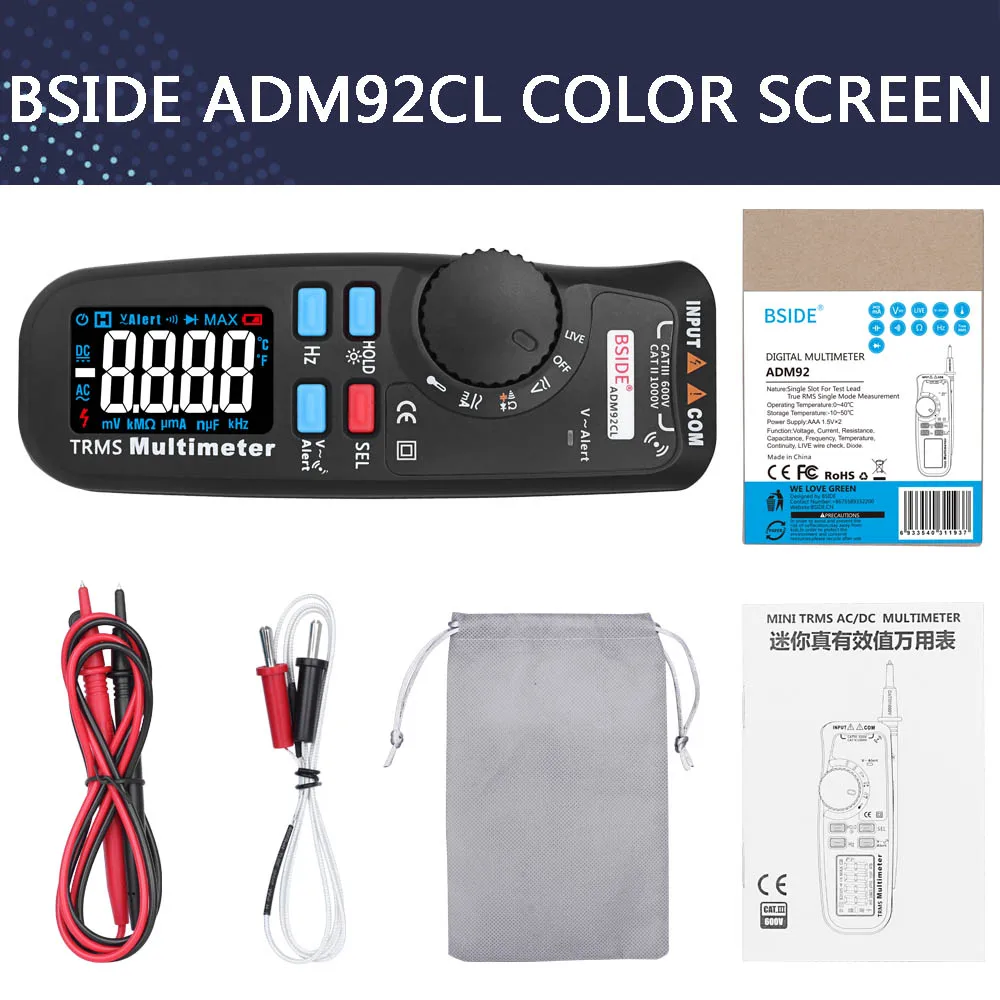ADM92CL Black Многофункциональная цифровая ручка мультиметр BSIDE ADM92CL цветной ЖК-дисплей Multimetro Авто Диапазон True RMS Temp Тестер Вольтметр - Цвет: ADM92CL Black