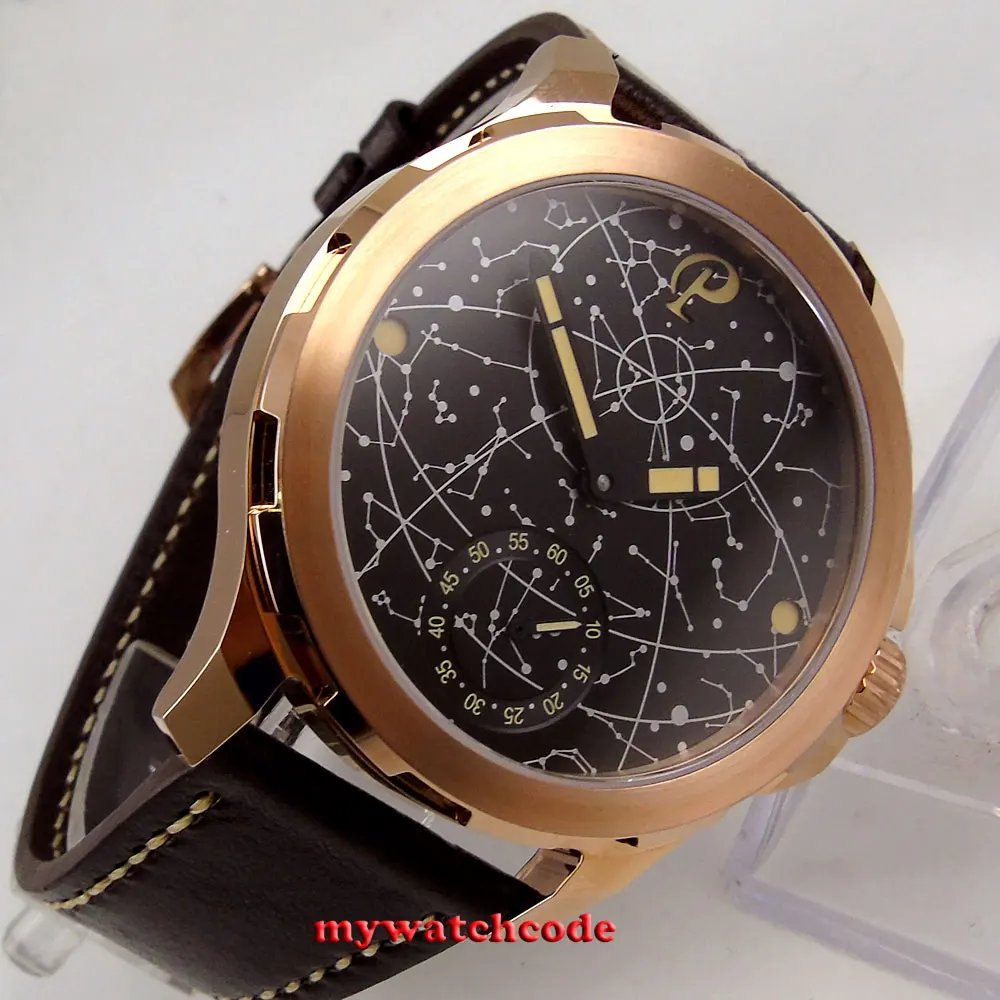 

2017 new 44mm mens parnis constellation rose golden plated Case Leather Sapphire glass Luminous 6498 hand Winding uhr Watch