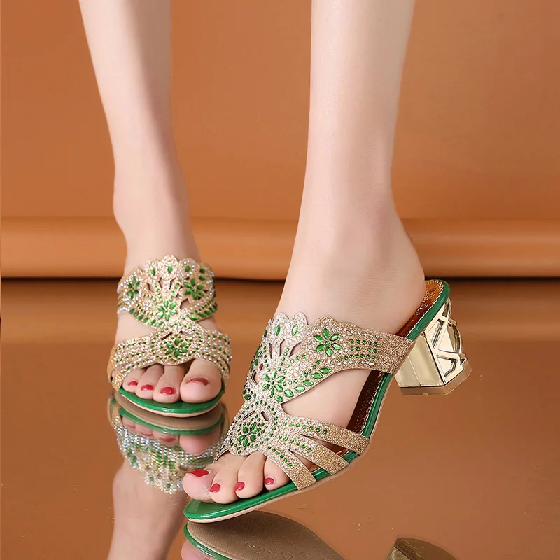 

YeddaMavis Rhinestones Slippers Women Shoes Woman Summer New Korean Womens Shoes Fashion High Heels Slippers Zapatos De Mujer