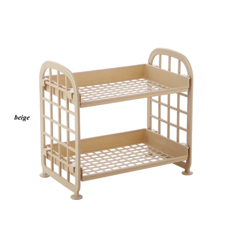 Beige Пластиковый органайзер для ванной комнаты, 2 слоя, держатель для макияжа, полый держатель для шампуня, полка для хранения 22*14*20,5 см - Цвет: Beige