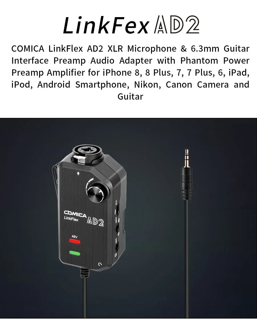 Comica AD2 XLR/6,35 мм микрофонный предусилитель с XLR/гитарный адаптер сопряжения для iPhone iPad Mac/PC, Android Phone DSLR камер