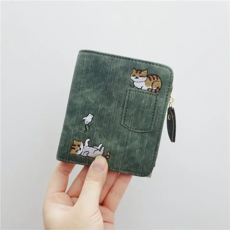 Кошелек с вышитым котом, маленький кошелек на молнии, сумочка для монет, короткий дизайнерский кошелек с рисунком, Женский кошелек для монет, мини-держатель для карт - Цвет: Зеленый
