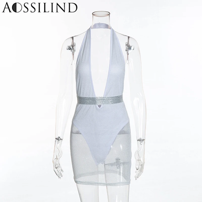 

AOSSILIND Diamond Sexy Deep V Neck Backless Party Dress Women Mesh Patchwork Halter Sleeveless Bodycon Mini Night Club Dresses
