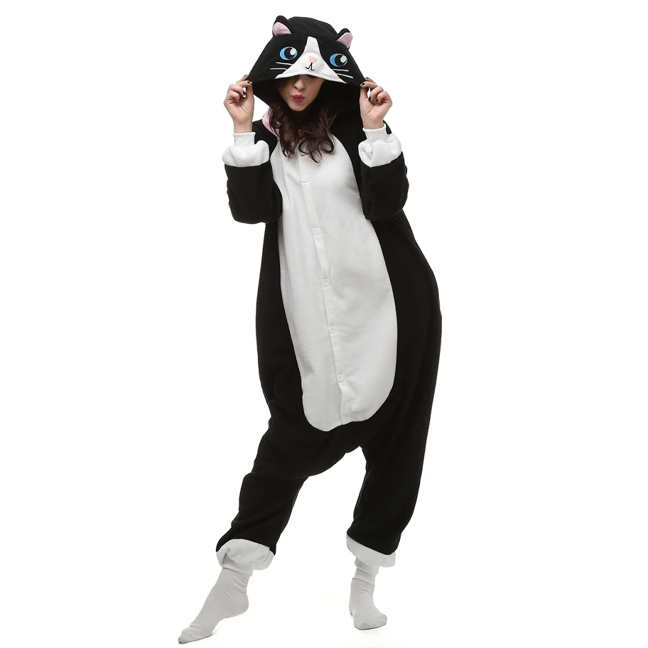 

Animal Kigurumi Pajamas Cat Onesies For Adults Cartoon One-Piece Onsie Men Kitty Pyjamas Halloween Jumpsuit Women Cosplay Suit