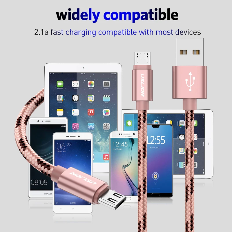 USLION Micro USB кабель 2.1A Зарядка для Xiaomi Redmi Note 5 Pro Android передачи данных мобильного