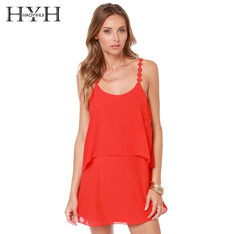HYH Haoyihui Women Solid Red/Pink/Green/White/Black Off Shoulder Backless Sleeveless Vestidos Strap Lace Mini Chiffon Dress|chiffon dress|dress dress