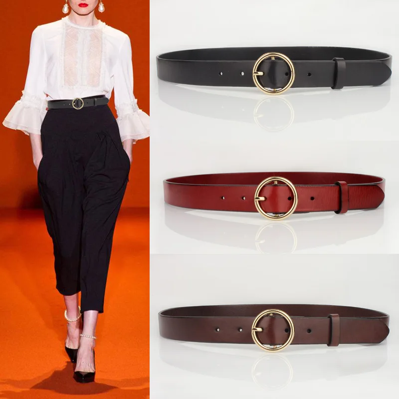 Женский ремень из воловьей кожи с круглой пряжкой|pure leather belt|cowhide beltbelt f |