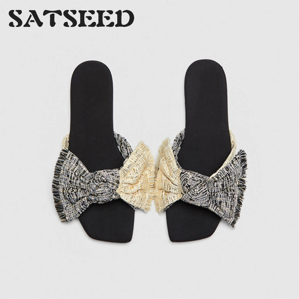 Женские богемные сандалии с бантом пляжные на плоской подошве лето 2019|Тапочки| |