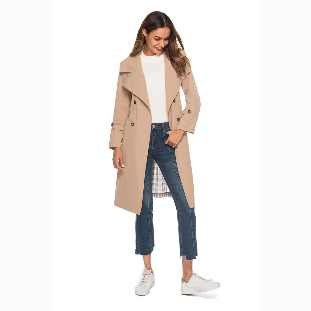 2018 Осень Зима Новая женская ветровка Kahki Плед Turn-Down воротник с длинным рукавом