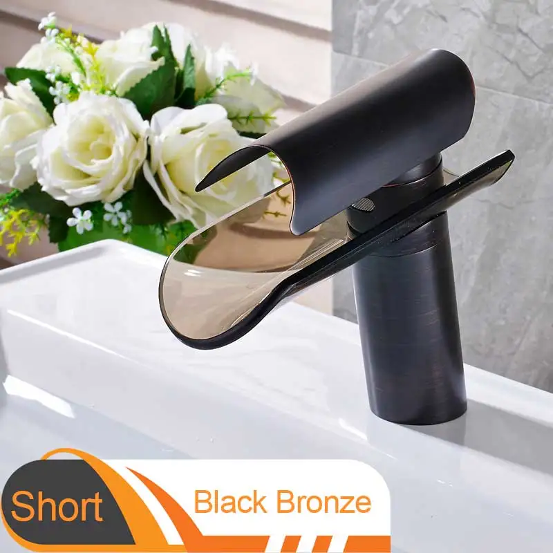 Short Black Bronze Стеклянный водопад, кран для раковины, одна ручка, одно отверстие, для ванной комнаты, смесители для горячей и холодной воды, санузел, раковина, кран для мытья - Цвет: Short Black Bronze
