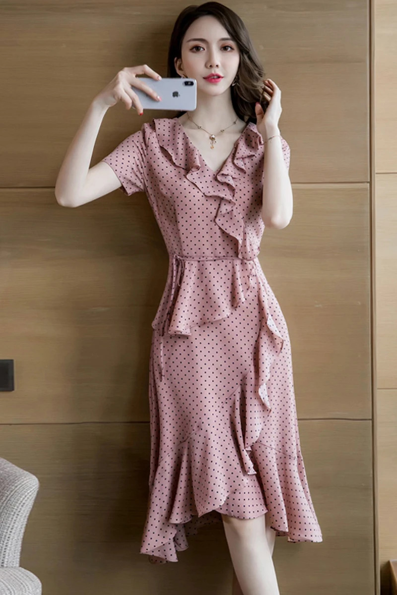 Женское платье с оборками и принтом в горошек элегантное женское сексуальное