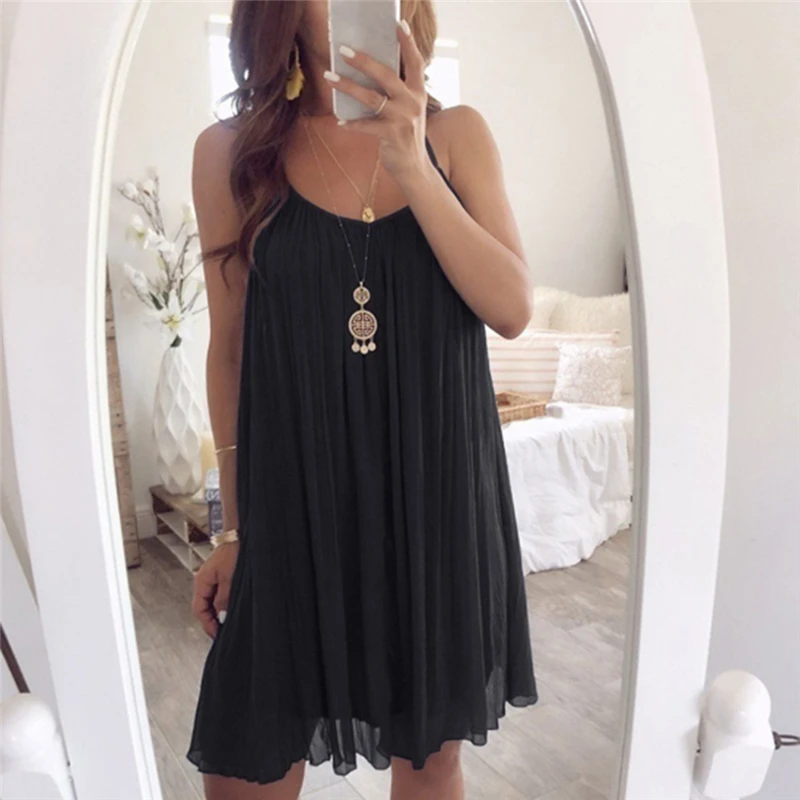 Good Quality Summer Women Sleevelsess Dress Solid Color Loose Pleated Sling Strap Ladies Female Clothing Femme Sexy | Женская одежда