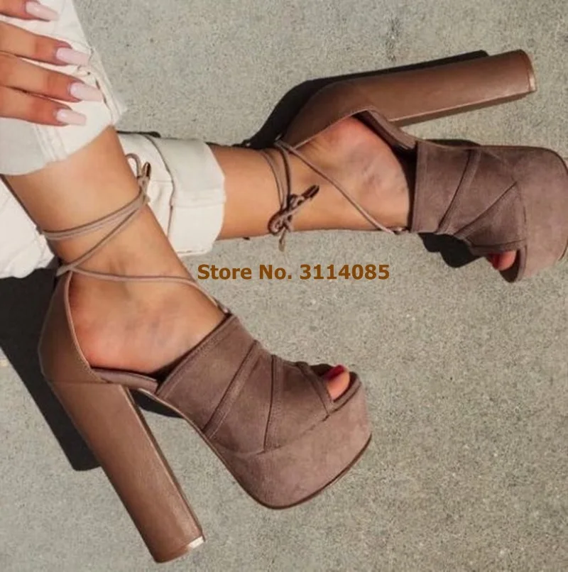 Women Sexy Chunky Heel Platform Sandals Brown Blue Mixed Color Lace-up Dress Shoes Open Toe Sky High Heel Pumps Thick Heel Shoes