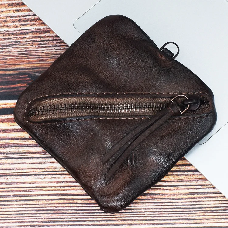 Dark brown Кошелек для монет, Женский кошелек из натуральной кожи, маленький кошелек на молнии, винтажный держатель для карт, монетница, ручная работа, Мужская простая сумка для денег - Цвет: Dark brown