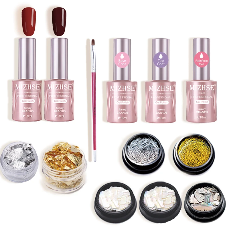 MIZHSE UV Gel Nail Polish Top Base Coat Reinforcement Red Nail Liquid Varnish Shell Piece Nail Pen Nail Gitter Sets kits