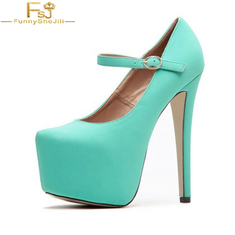 

FSJ Autumn Spring Elegant Womens Turquoise Mary Jane Pumps Platform Supper New Brand High Heel Shoes Dress Work Woman Size 42