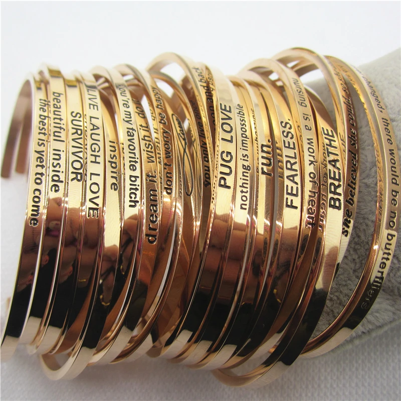 

Mix 6pcs Adjust Rose Gold Stainless Steel Engraved Positive Inspirational Quote Hand Cuff Bracelet Mantra Bangle For Women