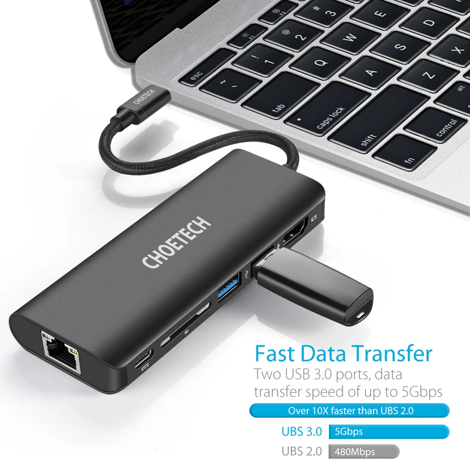 CHOETECH USB концентратор USB-C многопортовый адаптер PD зарядное устройство 4 K HDMI SD