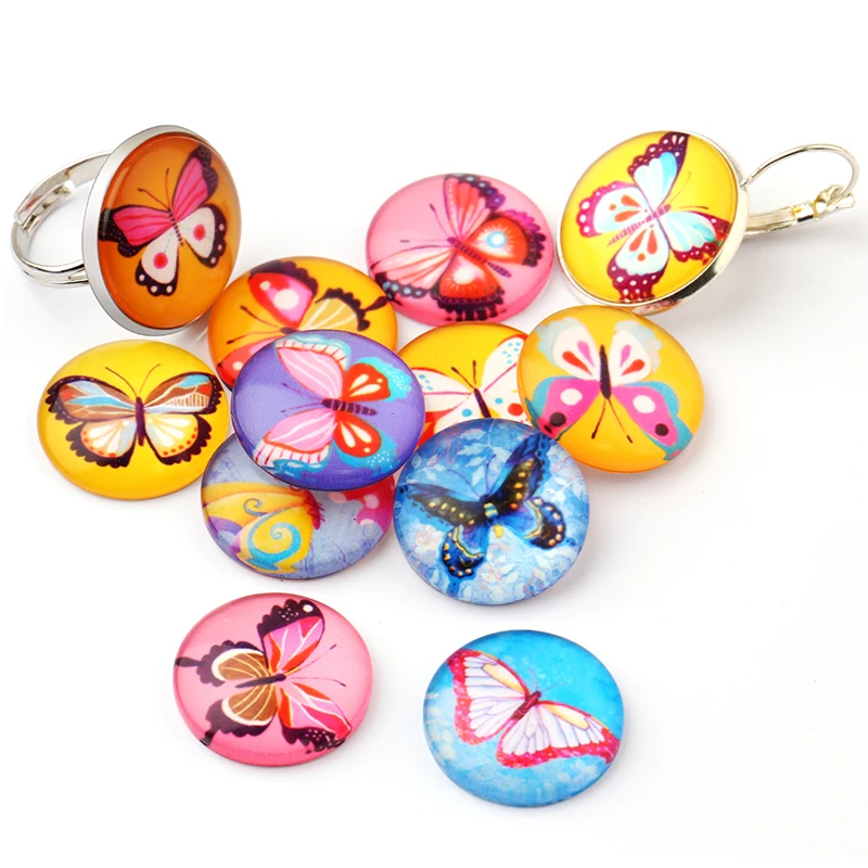 Glamour Butterfly Pattern 24pcs mixed 12mm 14mm 16mm 20mm Round Photo Glass Cabochon Demo Flat Back Making Findings