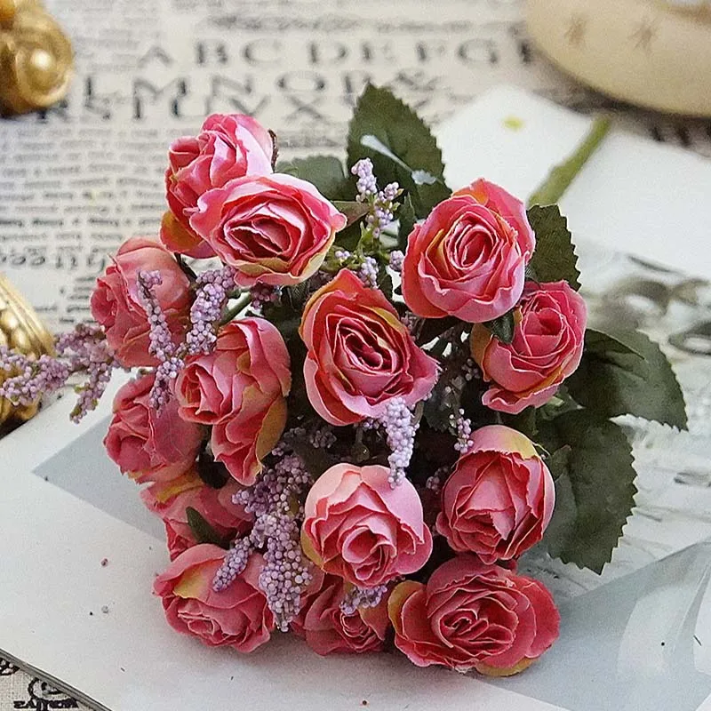 dark pink 15 головок/Набор искусственных цветов для рождества, дома, свадьбы, Декор, аксессуары, сделай сам, подарок, Искусственные пластиковые цветы, шелковые фланелевые розы - Цвет: dark pink