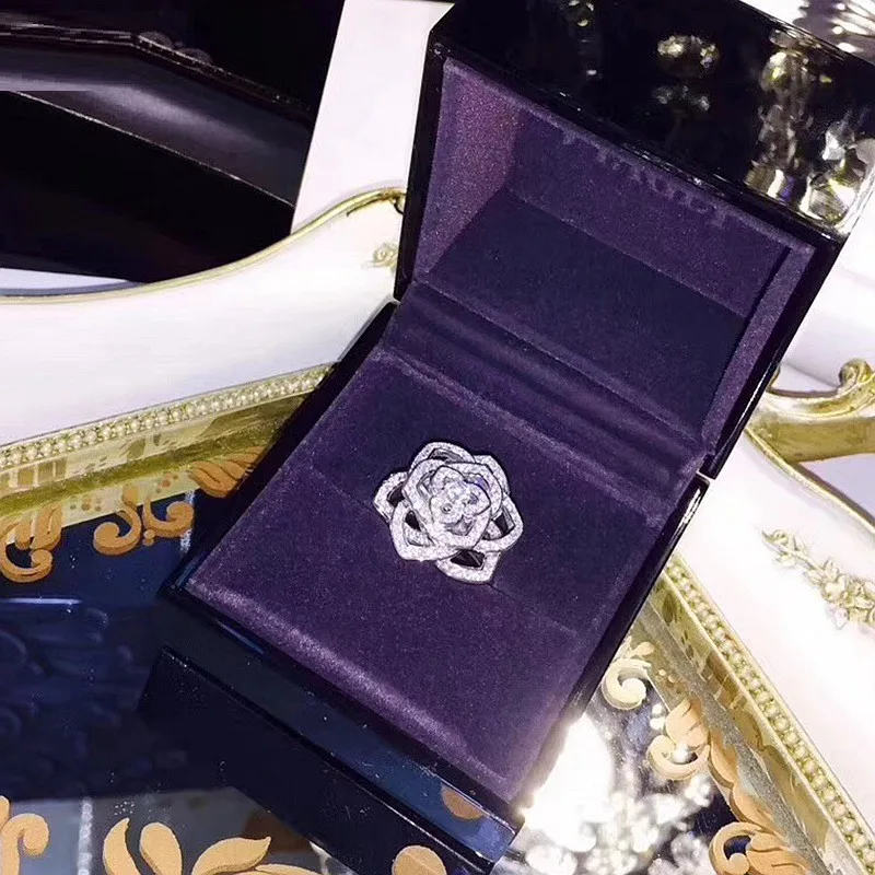 ring size 7 Роскошные полые розы, цветы, Камелия, кольцо на палец, ожерелье, серьги-гвоздики, ювелирный набор для женщин, свадебный цветок, ювелирный набор - Окраска металла: ring size 7