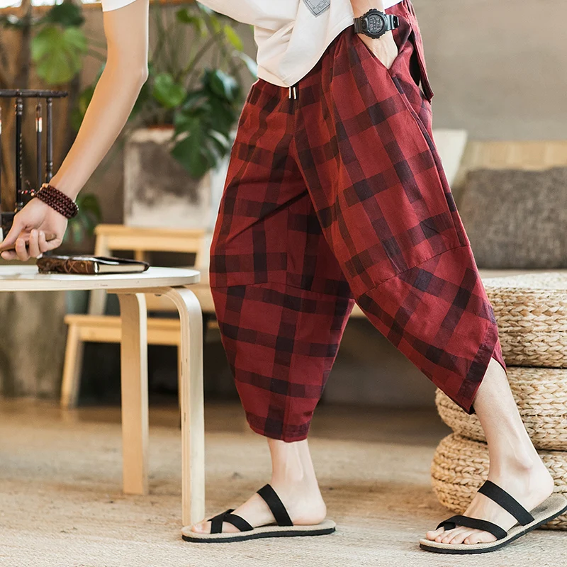 Повседневные штаны в клетку китайском стиле летние модные штаны-шаровары