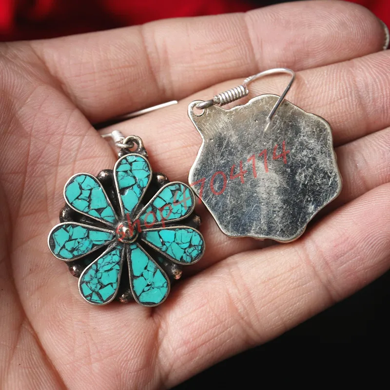 100% Аутентичные чисто ручной работы белая медь мозаика бирюзовые серьги