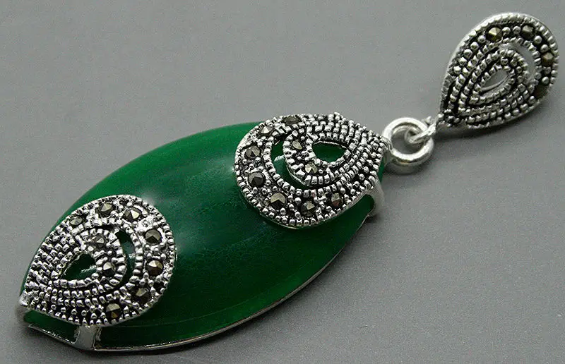 925 пробы Серебряный зеленый нефритовый подвеска с марказитом 18x40 мм|Подвески| |