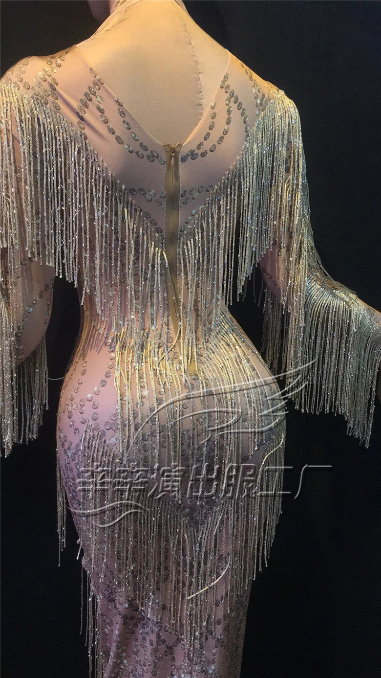 Champagne Gold Стразы платье с бахромой этап одежда большой платье-стретч певица вечернее Производительность кисточкой длинное платье DWY1349