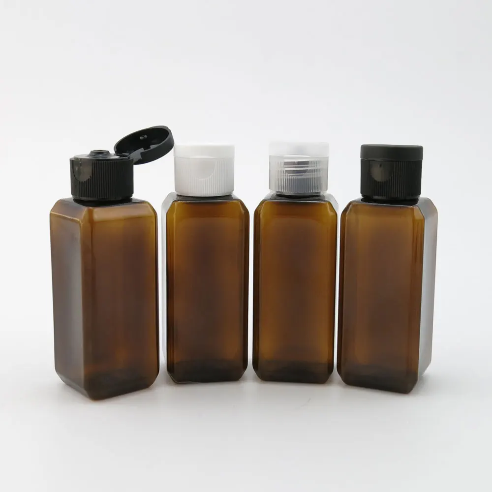 New 100 X 50ML Amber Plastic Hair Shampoo Bottle With Flip Top Cap, 50CC Small Square Skin Care Container