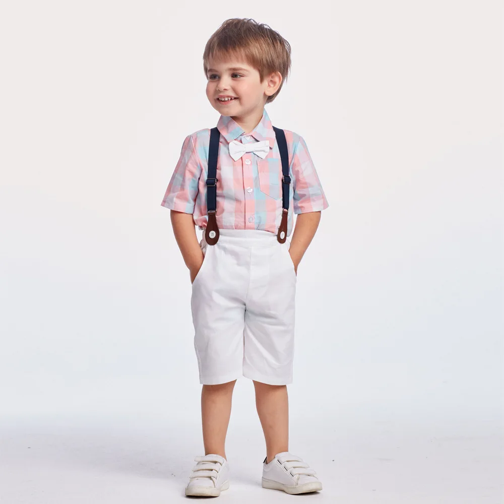 Baby Boy Plaid Shirt with Bow Clothes For Newborn Outfit one Years Birthday Party Summer Romper Strap White Shorts Set |