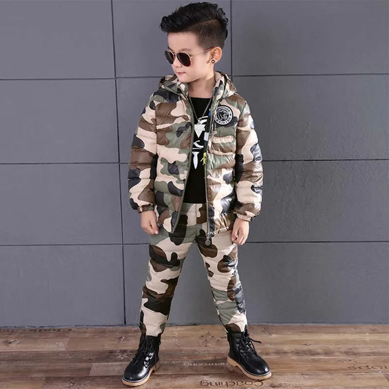 BINIDUCKLING Winter Suit For Boys Down Jacket Clothes Set Camouflage Hooded Thicken Warm Parkas+Pants for Kids Children |