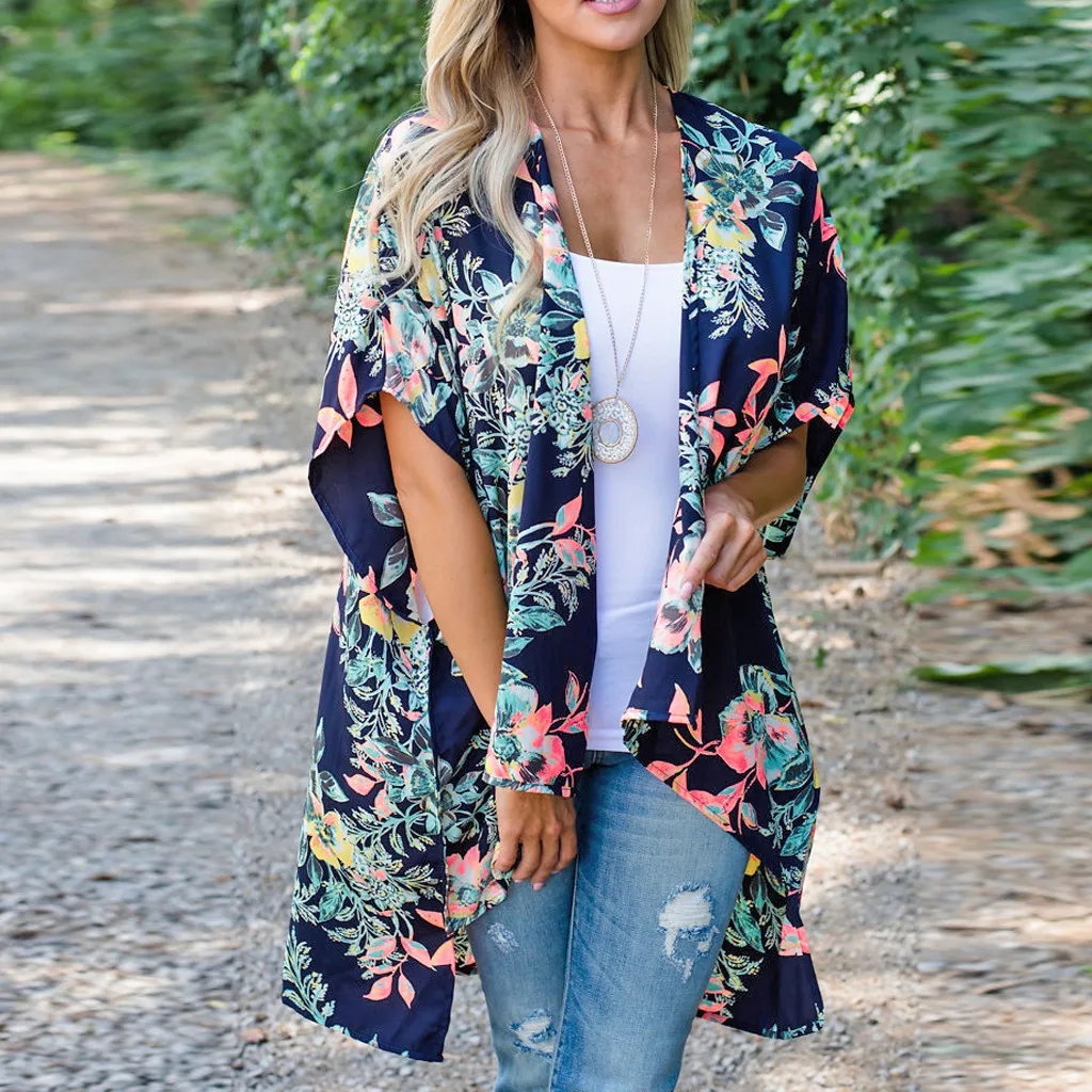 

2021 Women Chiffon Floral Print Bikini Cover Up Sumemr Cardigan Kaftan Beach Tunics Beachwear Swimsuit Beach Dress Pareos Cape