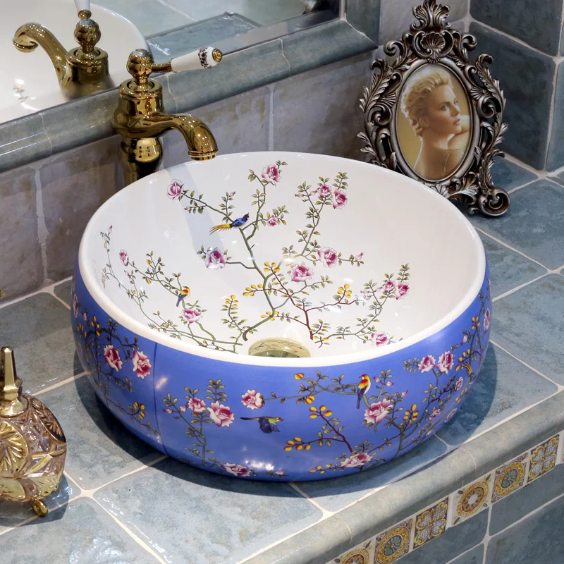 China Artistic Glazed Flowers and bird Porcelain Art Bathroom Sink Lavabo Washbasin counter top countertop washbasin | Обустройство