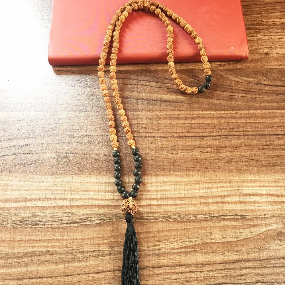 Lava Stone 108 Mala бусы Сердце ожерелье чакры Йога Медитация Rudraksha молитва богемный