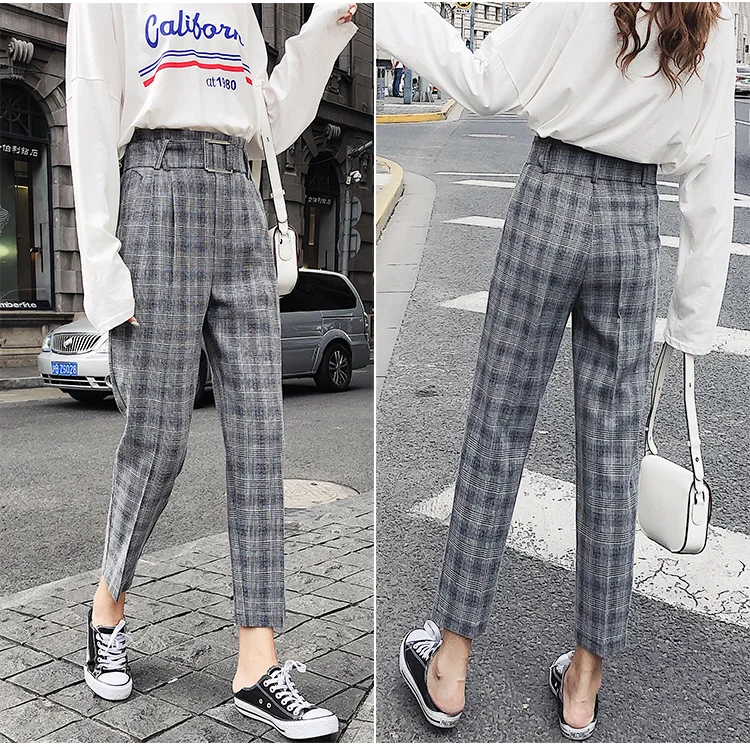 JUJULAND Для женщин брюки Проверено штаны-шаровары в офисном стиле High-waist ankle-длина Штаны повседневные высококачественные ткани 633