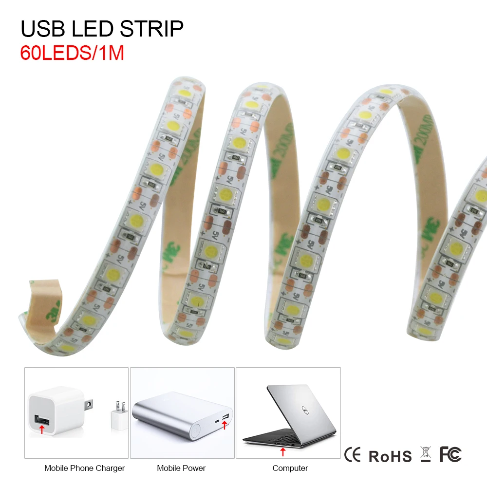 Светодиодная лента 1 м SMD 5050 5 в пост. Тока USB для декора RGB белого/теплого белого