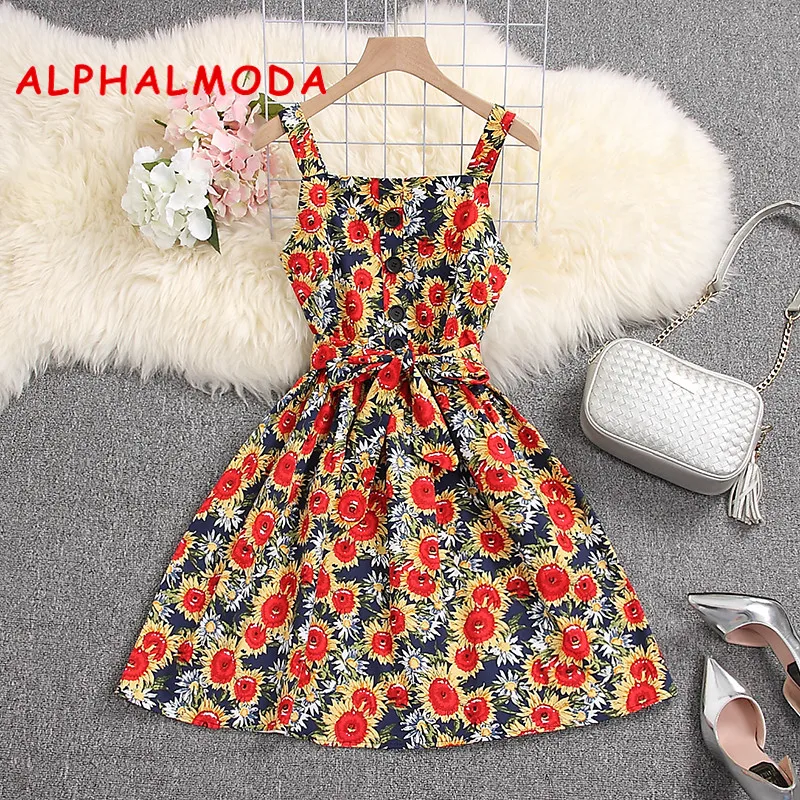 ALPHALMODA 2019 летние цветочные платье на бретелях Однобортный Высокая Талия пояса