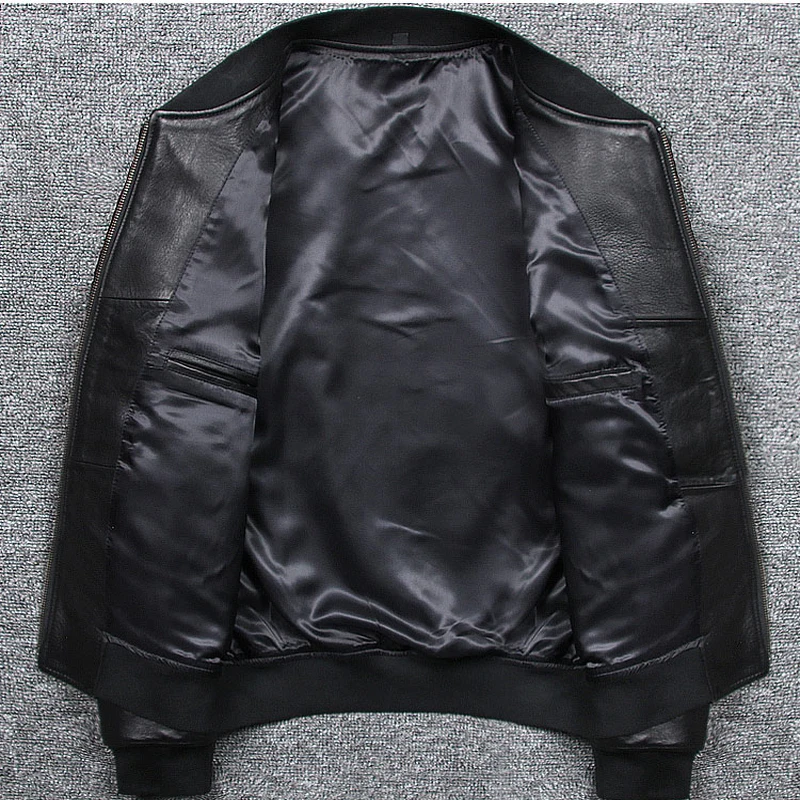 

Free Shipping Baseball Sheepskin Men Genuine Leather Jackets Black Cheap Genuine Leather Coat On Sale