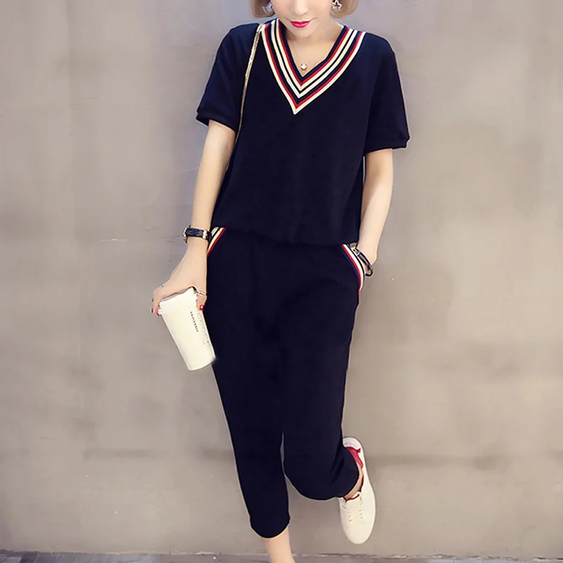 2 шт./компл., повседневный трикотажный спортивный костюм, комплект женской спортивной одежды, топ с v-образным вырезом, Рубашки, Топы в полоску+ штаны