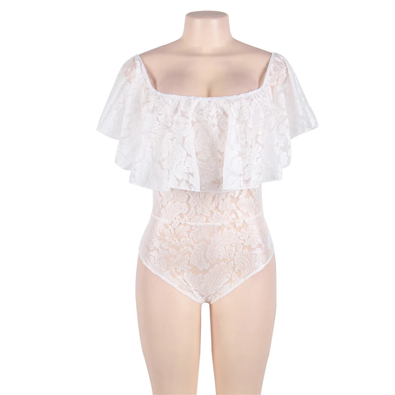 white Bodysuit Боди сексуальное боди с открытыми плечами обтягивающее боди Dentelle Femme Прозрачный цветочный кружевной комбинезон с оборками Женские Комбинезоны L XL 2XL R80496 - Цвет: white Bodysuit