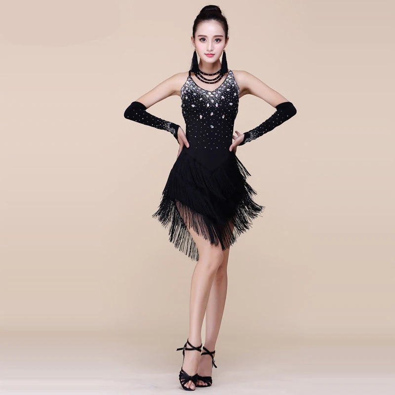 Style 2 Black Сексуальная Женская юбка для латинских танцев, стразы, бахрома, кисточки, женское платье для выступлений, бальных танцев, танго, латинских танцев, сальсы - Цвет: Style 2 Black