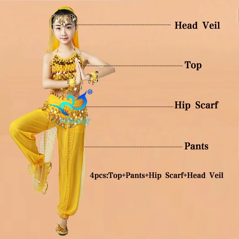 Yellow 4pcs Костюмы для профессионального представления для индийского танца живота/восточных танцев/Хэллоуина/цыганского живота Египетский костюм с хип-шарфом - Цвет: Yellow 4pcs
