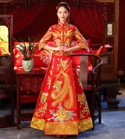 red traditional show bride embroidery cheongsam married suits chinese style wedding formal dress female overseas chinese qipao